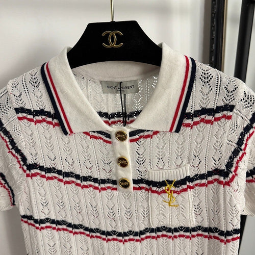Saint Laurent Paris Heritage Striped Lace Polo Top