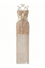 Champagne Illusion Gown with Crystal Fringe & Sculpted Cut-Out Bodice