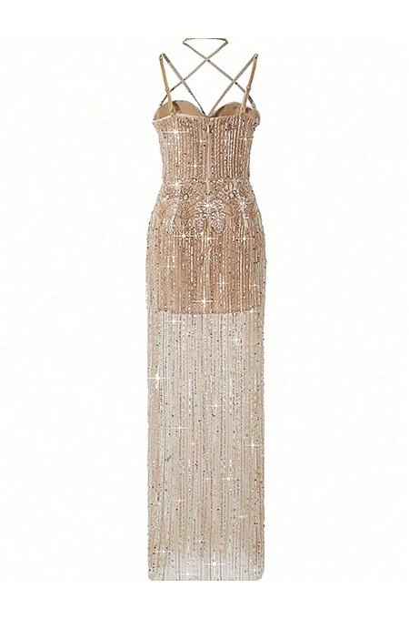 Champagne Illusion Gown with Crystal Fringe & Sculpted Cut-Out Bodice