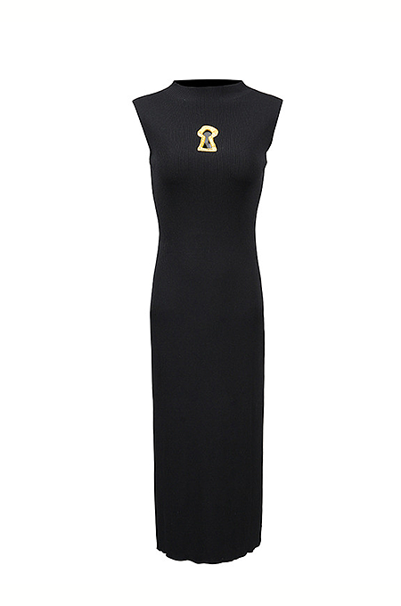 “Key to Elegance” Sculpted Ribbed Midi Dress –  Black & White