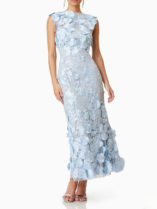 “Bluebell Bloom” 3D Floral Embroidered Midi Dress