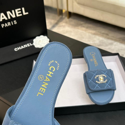 Chanel Quilted Canvas Slides – Bleu Riviera