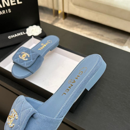 Chanel Quilted Canvas Slides – Bleu Riviera