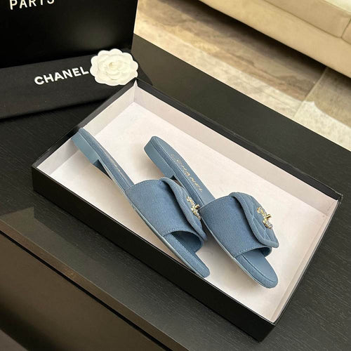 Chanel Quilted Canvas Slides – Bleu Riviera