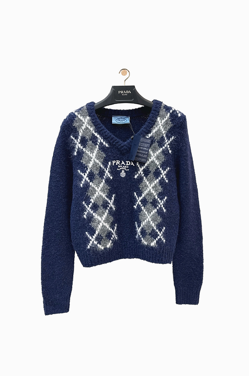 Prada Milano Argyle Luxe Knit V-Neck Sweater – Grey & Navy (S–L)