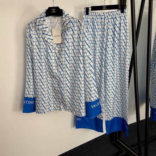 Valentino Blue & White V-Logo Silk Lounge Set