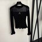 Chanel Crystal-Dotted Sheer Knit Ruffle-Hem Top – Black & Ivory (One Size)
