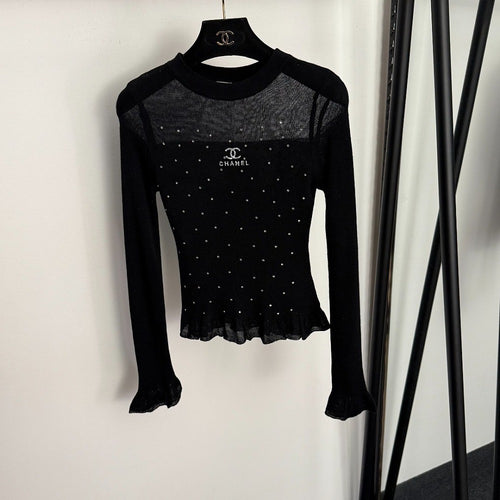 Chanel Crystal-Dotted Sheer Knit Ruffle-Hem Top – Black & Ivory (One Size)