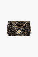 Chanel Mini Classic Flap Bag – Black & Gold Sequin Camellia Motif with Gold-Tone Hardware
