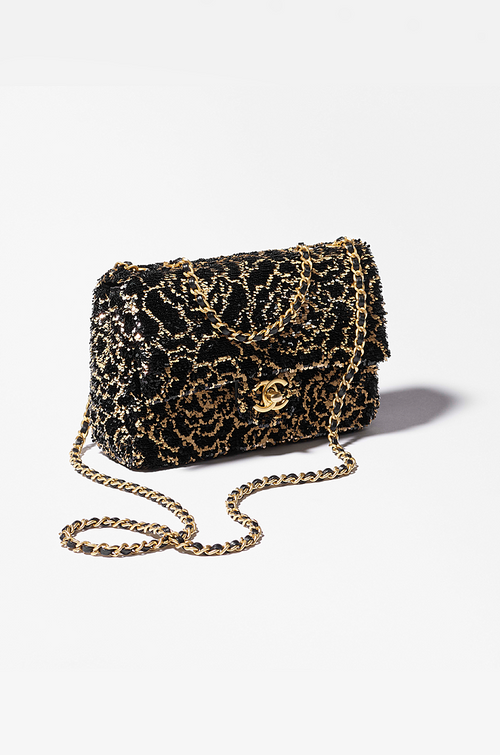 Chanel Mini Classic Flap Bag – Black & Gold Sequin Camellia Motif with Gold-Tone Hardware