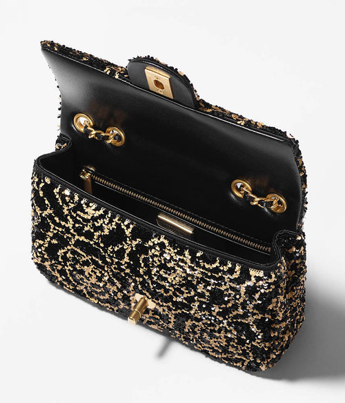 Chanel Mini Classic Flap Bag – Black & Gold Sequin Camellia Motif with Gold-Tone Hardware