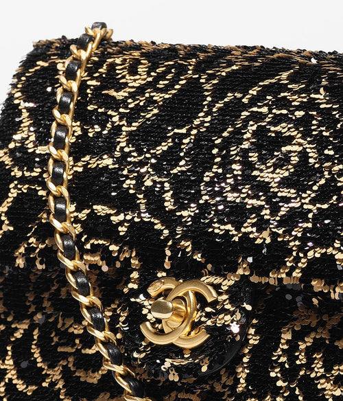 Chanel Mini Classic Flap Bag – Black & Gold Sequin Camellia Motif with Gold-Tone Hardware