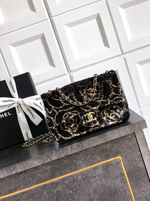 Chanel Mini Classic Flap Bag – Black & Gold Sequin Camellia Motif with Gold-Tone Hardware