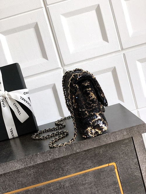 Chanel Mini Classic Flap Bag – Black & Gold Sequin Camellia Motif with Gold-Tone Hardware
