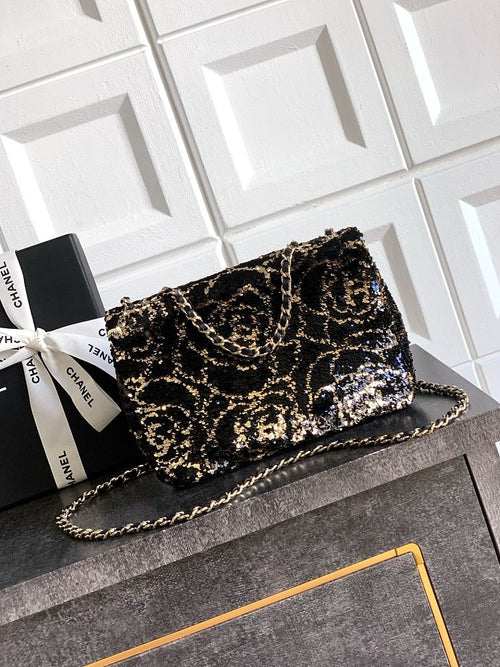 Chanel Mini Classic Flap Bag – Black & Gold Sequin Camellia Motif with Gold-Tone Hardware