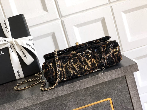 Chanel Mini Classic Flap Bag – Black & Gold Sequin Camellia Motif with Gold-Tone Hardware