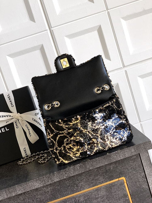 Chanel Mini Classic Flap Bag – Black & Gold Sequin Camellia Motif with Gold-Tone Hardware