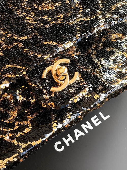 Chanel Mini Classic Flap Bag – Black & Gold Sequin Camellia Motif with Gold-Tone Hardware
