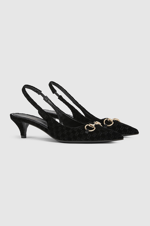 Gucci “Velours Emblem” Monogram Slingback Pumps – Low Heel Elegance