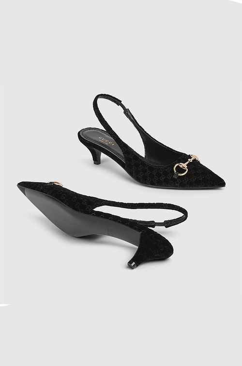 Gucci “Velours Emblem” Monogram Slingback Pumps – Low Heel Elegance