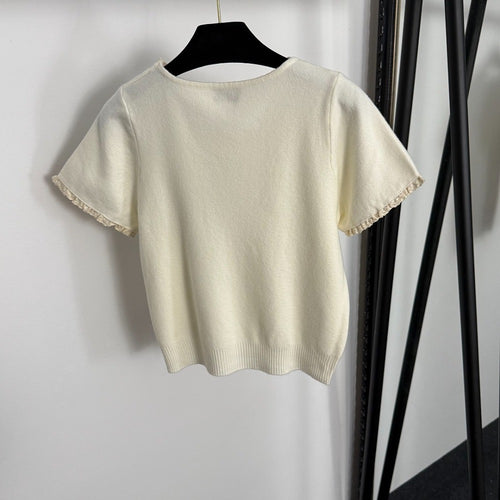 Miu Miu Ivory Ruffle-Trim Knit Tee