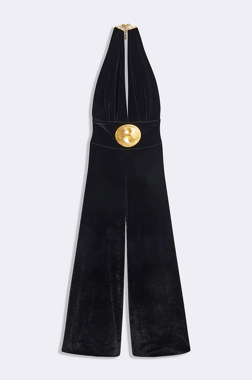 Schiaparelli Muse Velvet Halter Jumpsuit with Gold Medallion