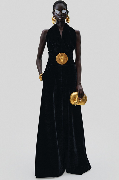 Schiaparelli Muse Velvet Halter Jumpsuit with Gold Medallion