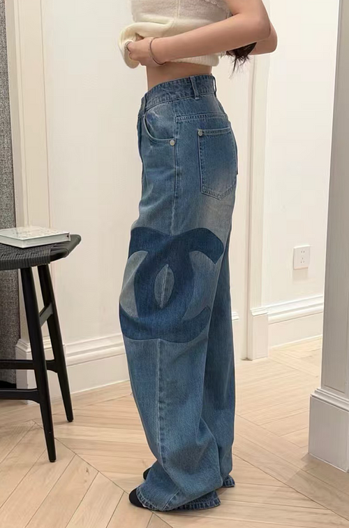 Chanel Oversized CC Monogram Wide-Leg Denim Jeans