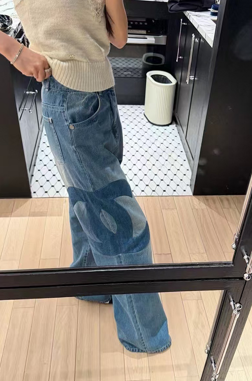 Chanel Oversized CC Monogram Wide-Leg Denim Jeans