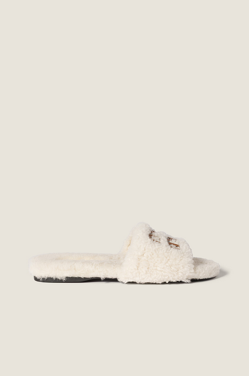 Miu Miu Shearling Logo Slide Slippers in Ivory