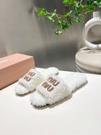 Miu Miu Shearling Logo Slide Slippers in Ivory