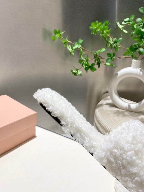 Miu Miu Shearling Logo Slide Slippers in Ivory