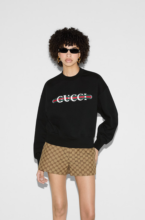 Gucci Cotton Jersey Sweatshirt – Black with Red Gucci Print & Stripe