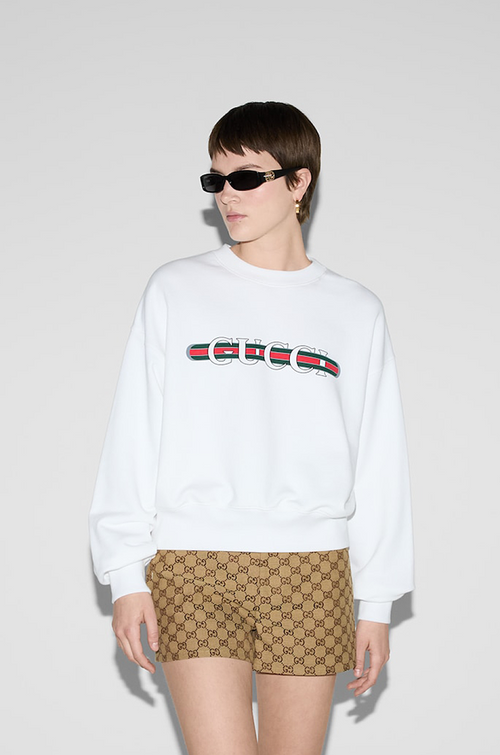 Gucci Cotton Jersey Sweatshirt – White with Red Gucci Print & Stripe