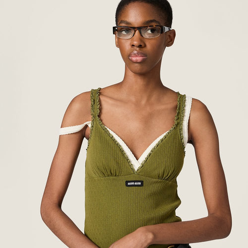 Miu Miu Olive Ribbed Lace-Trim Mini Dress