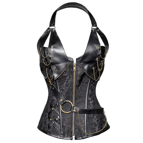 Steampunk-Inspired Brocade & Leather Corset with Chain Detail
