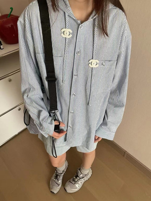 CC Striped Shirt Hoodie Top