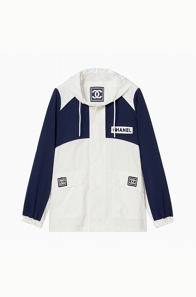 Chanel Monogram Patch Hooded Windbreaker – Navy & White – LUXE Chanel Monogram Patch Hooded Windbreaker – Navy & White – LUXE