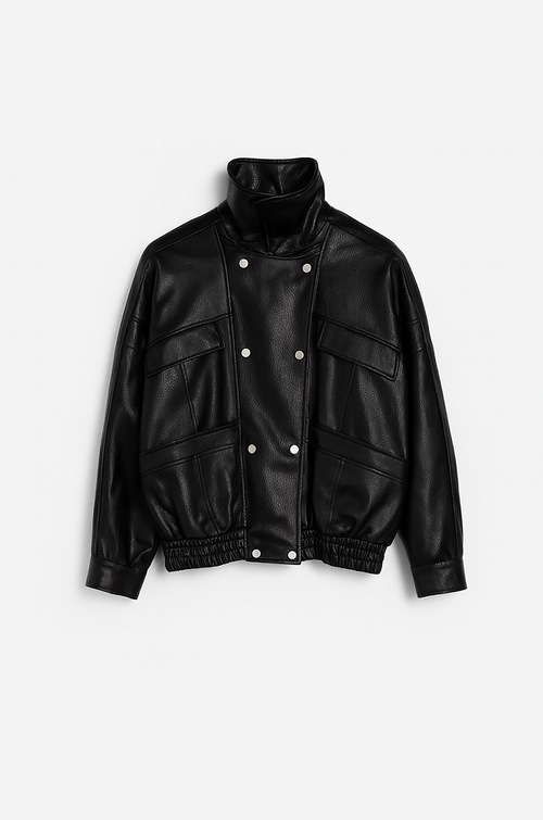 Saint Laurent Paris Black High-Collar Leather Bomber Jacket