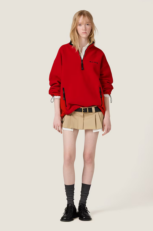 Miu Miu Logo Half-Zip Fleece Pullover in Red