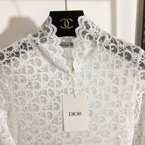 Dior White Monogram Lace High-Neck Blouse