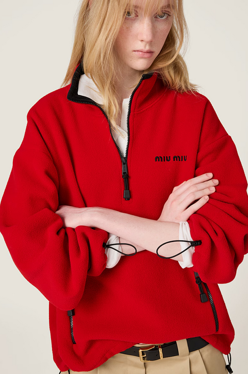 Miu Miu Logo Half-Zip Fleece Pullover in Red