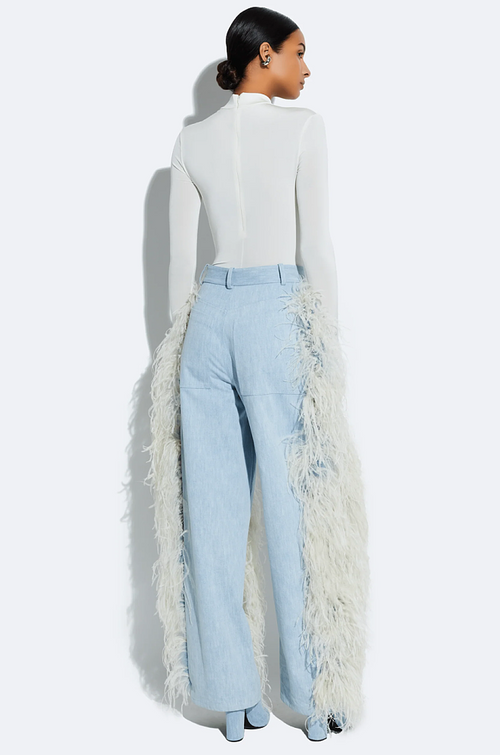 Feather-Embellished Wide-Leg Denim Trousers