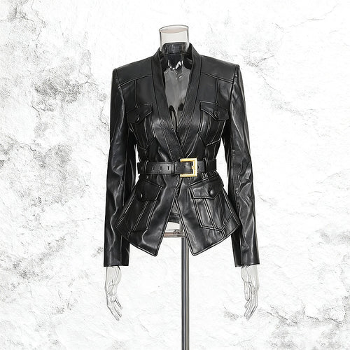 Noire Commande™ Belted Leather Blazer Jacket