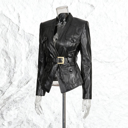 Noire Commande™ Belted Leather Blazer Jacket
