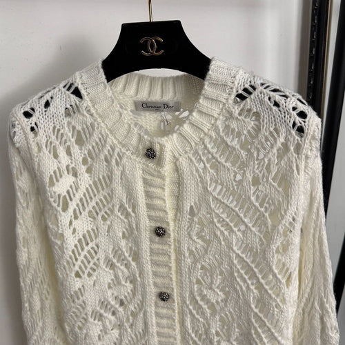 Christian Dior “Dentelle Blanche” Open-Knit Lace Cardigan with Jewel Buttons