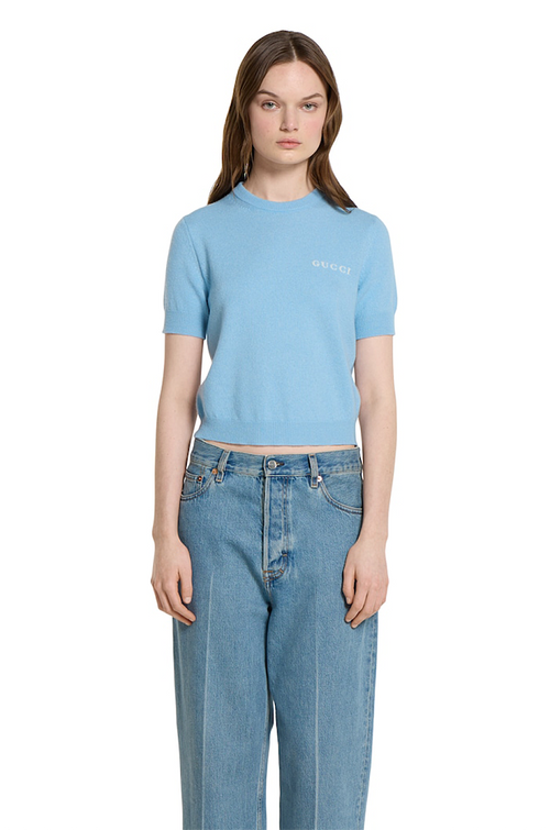 Gucci Azure Cashmere Short-Sleeve Knit Top