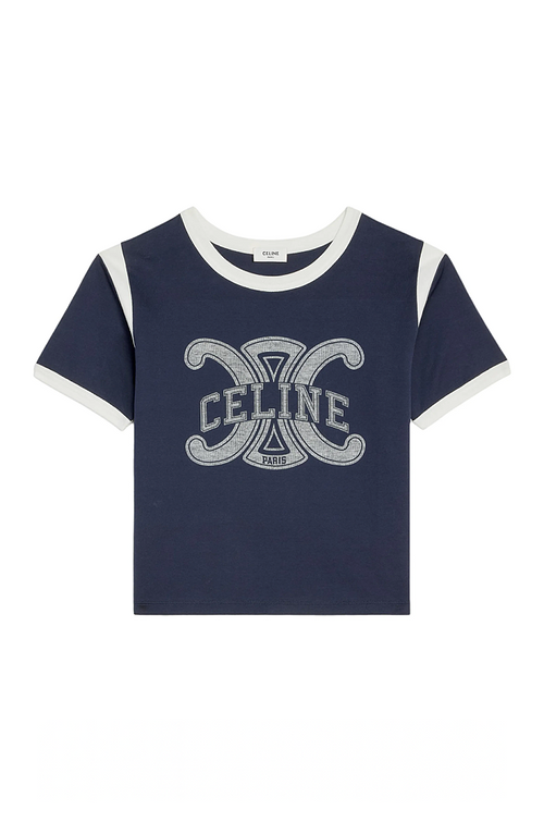 Celine Paris Navy Contrast Logo Tee