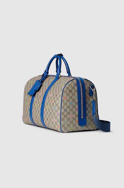 Gucci Ophidia GG Multicolor Supreme Duffel Bag with Blue Leather Trim