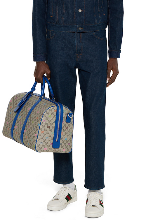 Gucci Ophidia GG Multicolor Supreme Duffel Bag with Blue Leather Trim